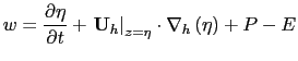 $\displaystyle w = \frac{\partial \eta }{\partial t} + \left. {{\rm {\bf U}}_h } \right\vert _{z=\eta } \cdot \nabla _h \left( \eta \right) + P-E$