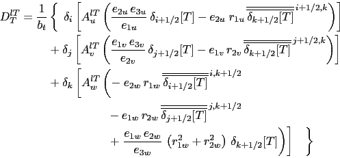 \begin{displaymath}\begin{split}D_T^{lT} = \frac{1}{b_t} & \left\{  \;\delta_i ...
...ta_{k+1/2} [T] } \right) } \right] \quad } \right\} \end{split}\end{displaymath}